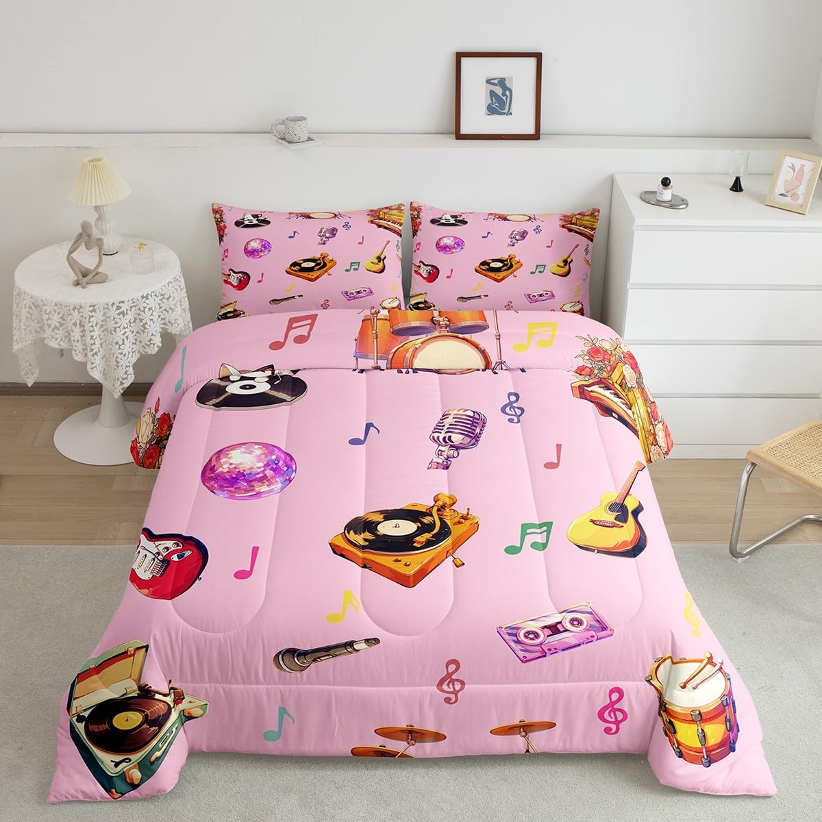 Colorful Music Notes Kids Comforter Set King Size,Guitar Bass Musical Instrument Theme Reversible Quilted Duvet with 2 Pillowcases Disco Style Phonograph Piano Pink Comforter for Boys Teens Bedroom