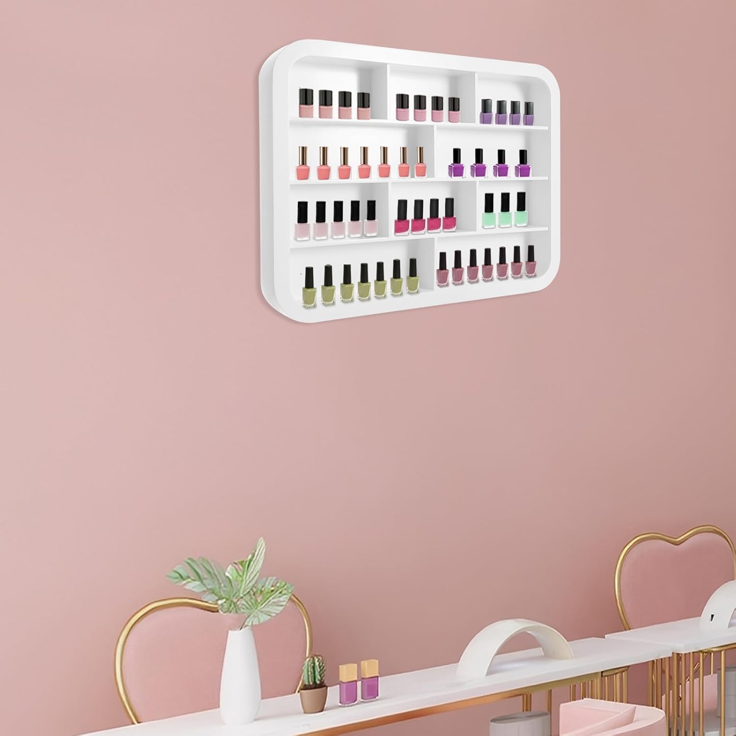 Wall Mount Beauty Nail Polish Display Rack, 4-Tier Beauty Hanging Salon Display Rack for Home, 31.5x23.62 in White Figure Ornament Nail Storage Systems for Spa Home Beauty Studios (80CM)