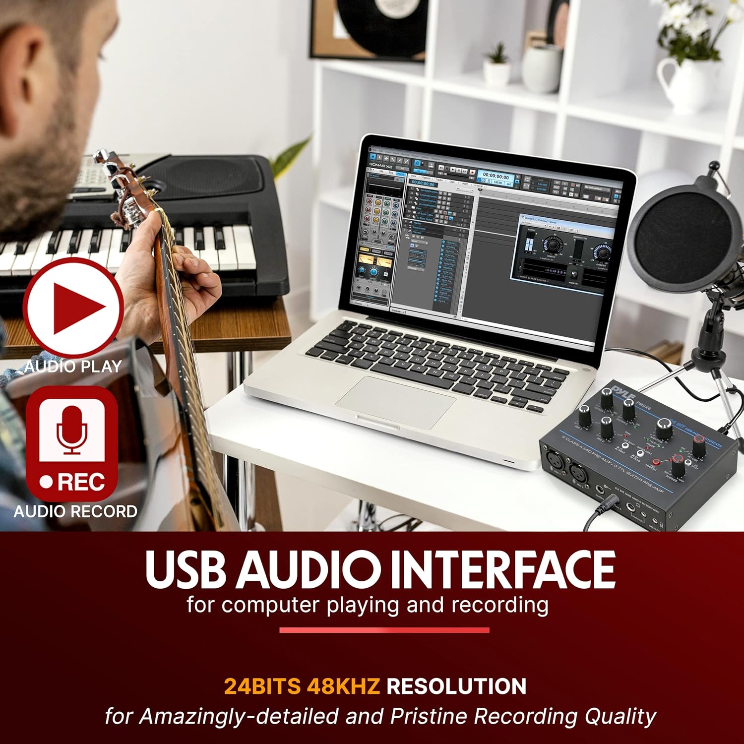 Pyle Professional USB Audio Interface with MIC, Guitar, AUX Stereo Inputs, Phone/Monitor Outputs, Ideal for Computer Playing & Recording, Compact Rugged Metal Housing - PMUX6