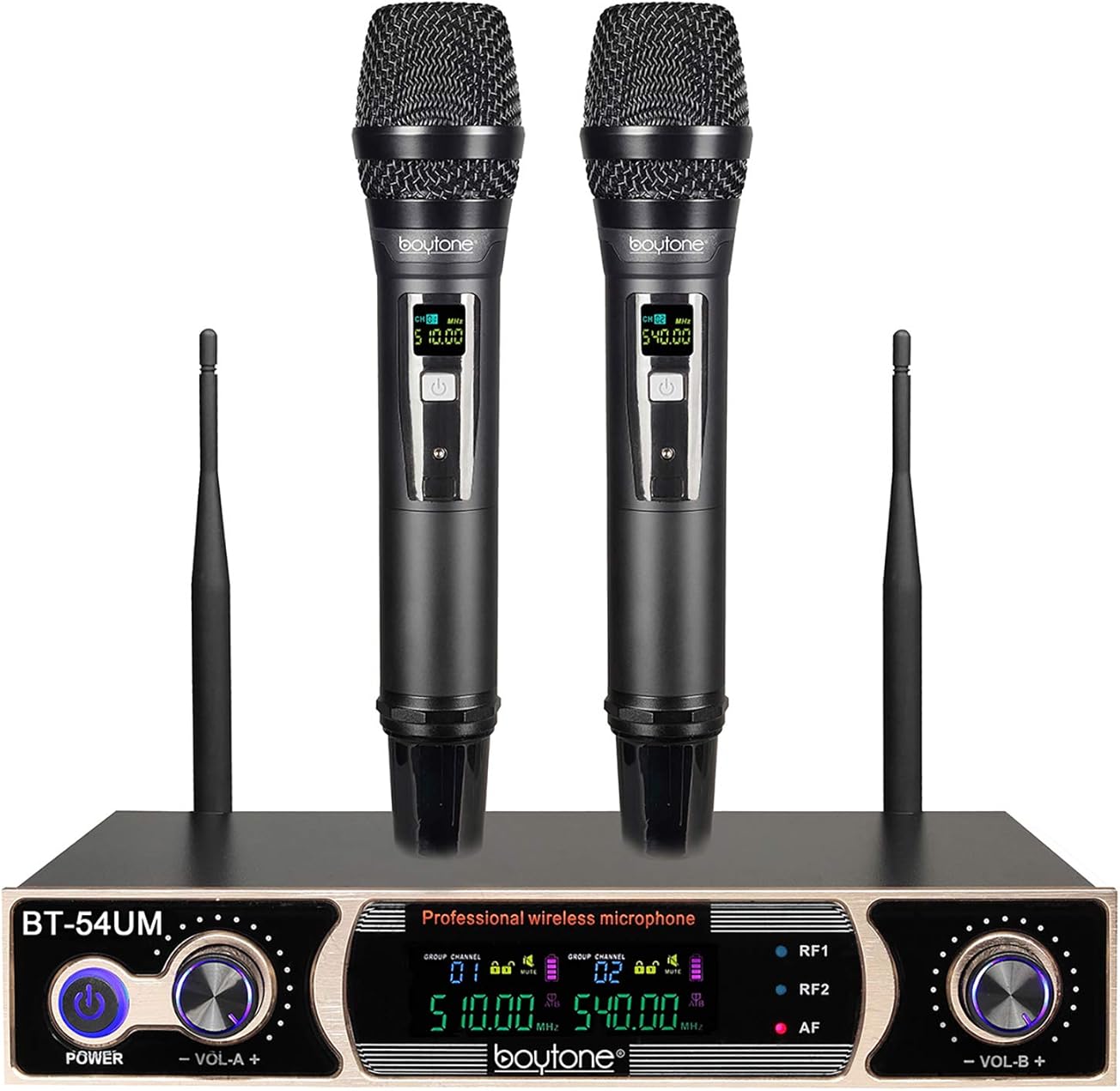 Boytone Dual Fixed Dynamic UHF Wireless Microphone System, Metal Microphone and Base, up to 260 FT(BT-54UM)