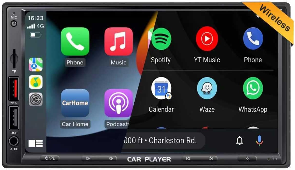 7 inches Double DIN Car Stereo in Dash with Wireless CarPlay & Android Auto,Car Media Player with Super Charge,2 USB Interface,HD Display,Bluetooth 5.0,Backup Camera (TH006)