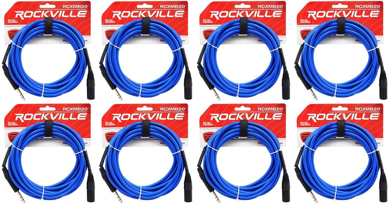 Rockville RCXMB20BL 20 ft Male REAN XLR to 1/4 in TRS Balanced Cable, Blue, 100% Copper Construction for Professional Audio Connections, 8 Piece