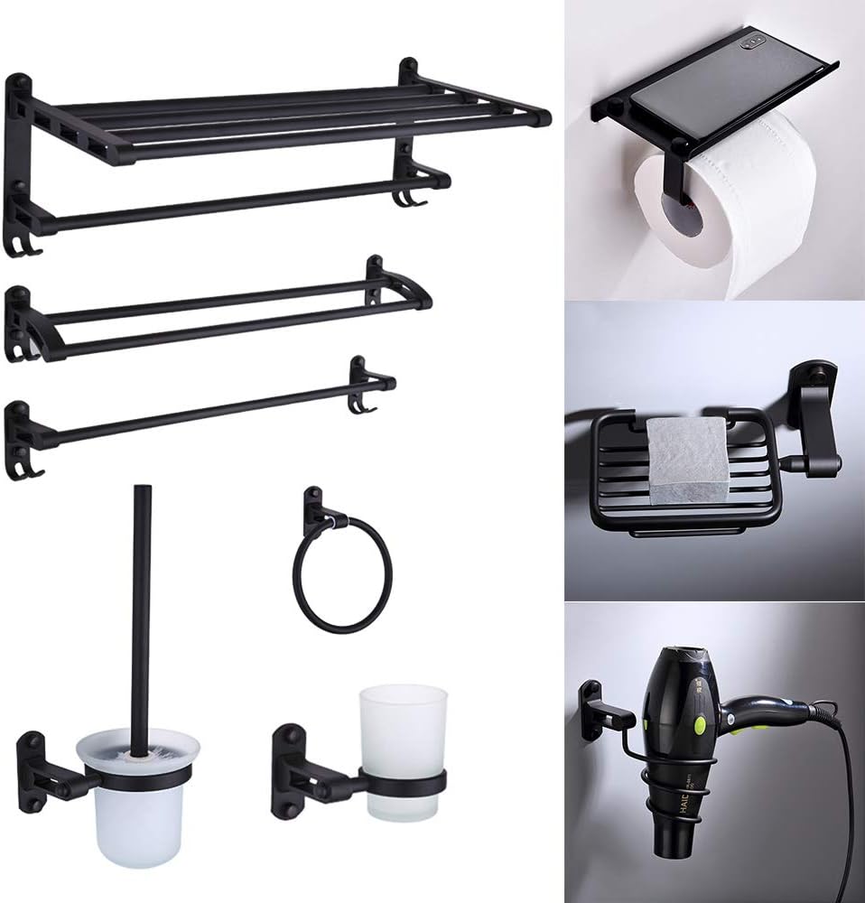 9PCS Black Space Aluminum Bathroom Storage Rack Set, Wall Mount Shower Caddy Shelf for Shampoo Towel, Corner Organizer Holder, No Drill Rustproof Accessories, Small Bath Rack Kit