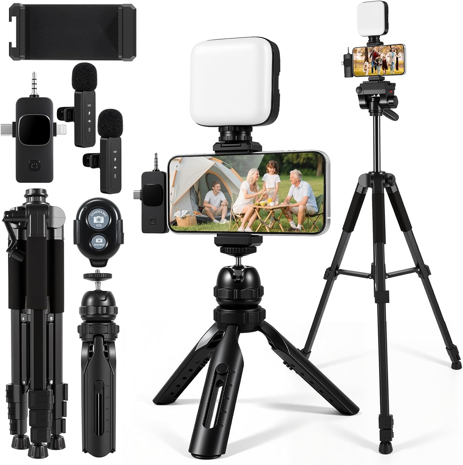 Vlogging Kit with Wireless Lavalier Microphone for iPhone, Android, YouTube Starter kit Content Creator Equipment with 60” Extendable Fullsize Tripod, Soft Light for Vlogging, YouTube, TikTok
