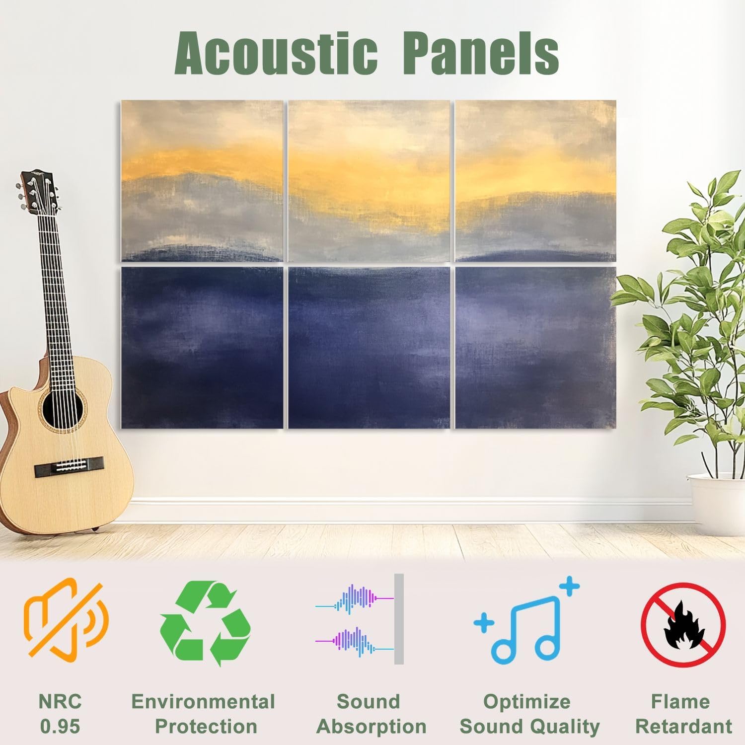 6 Pack Art Acoustic Panels Sound Absorbing Modern Style Abstract Hills Sunset Sky Ethereal Horizon Blended Colors Decorative Soundproof Wall Panels Self Adhesive for Recording Studios Office 72