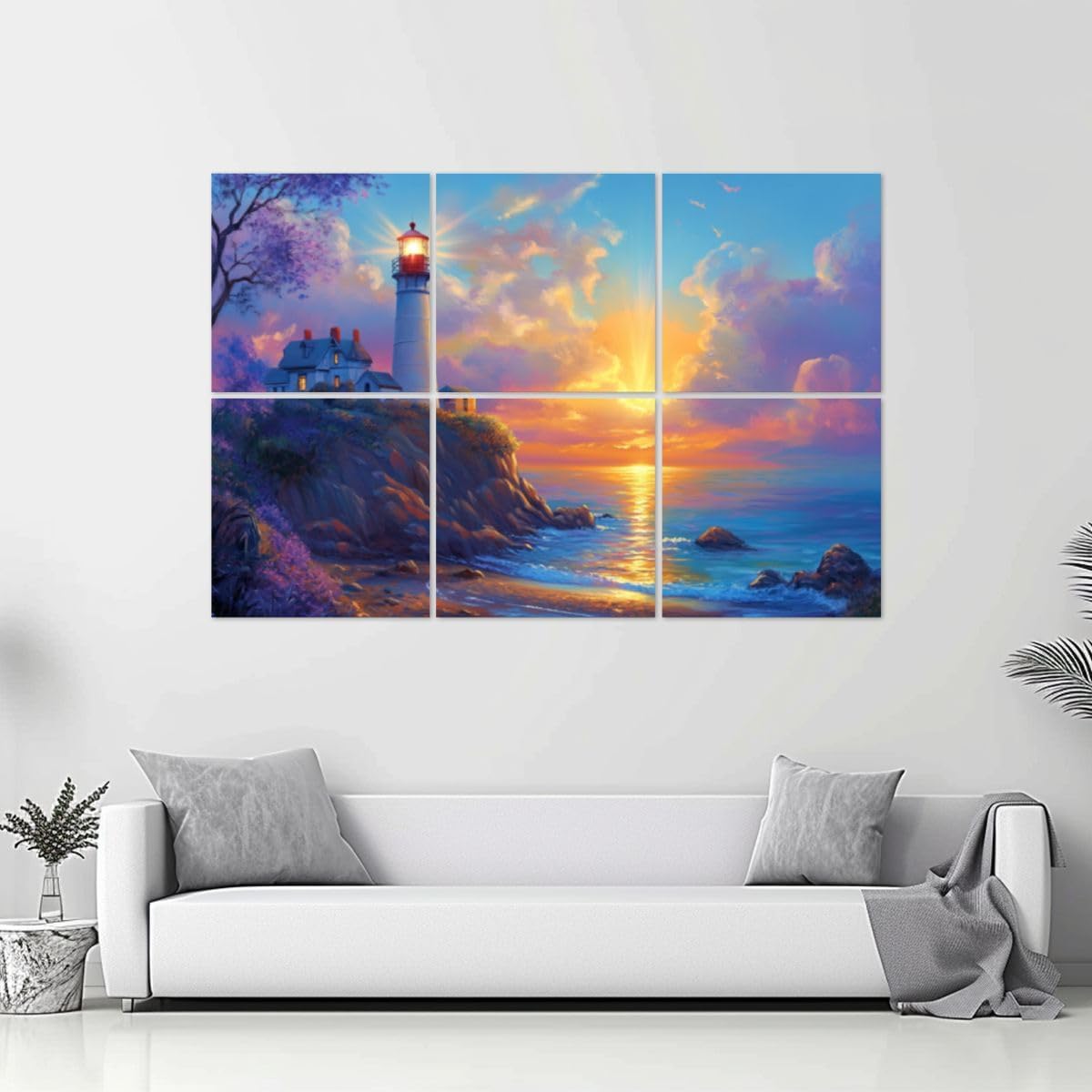 6 Pack Art Acoustic Panels Lighthouse Sunset Impressionist Style Soundproof Wall Panels, 48