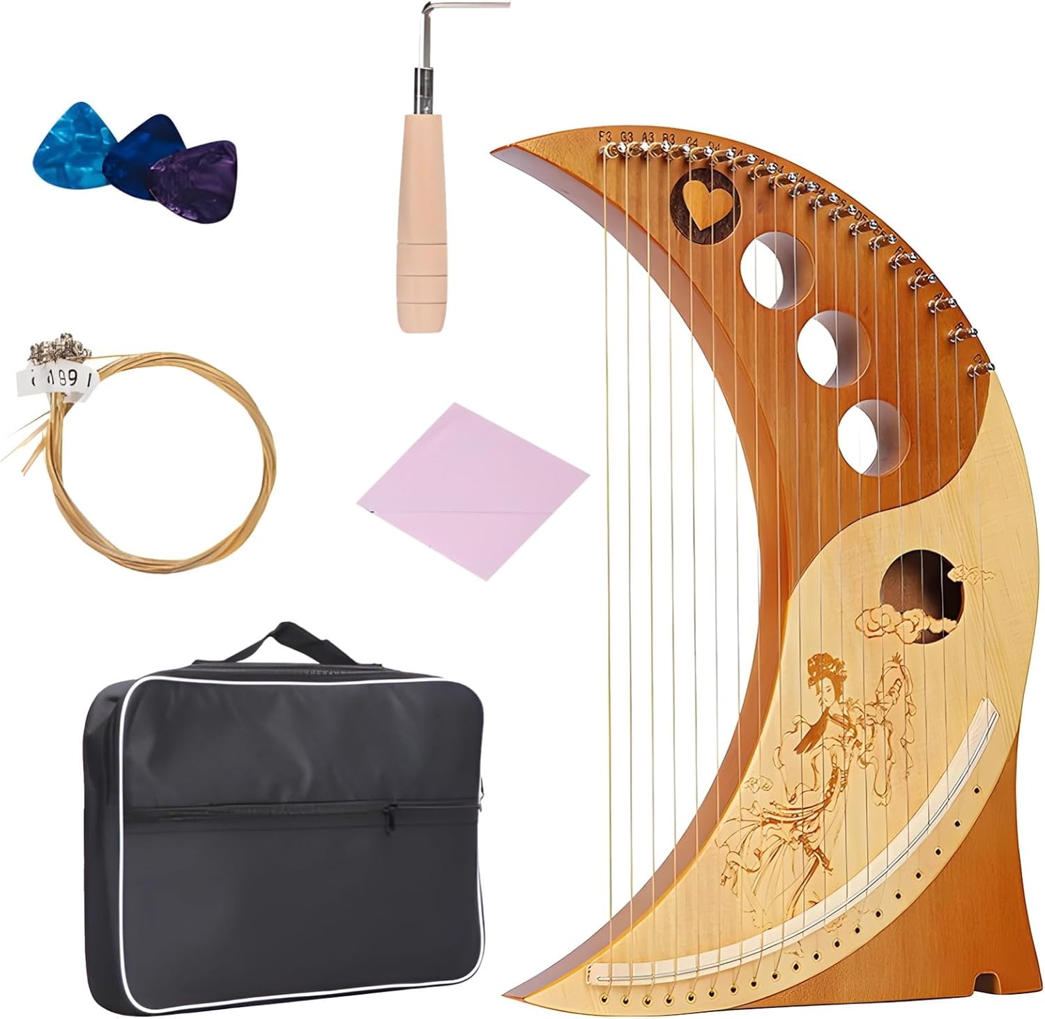 19-String Lyre Harp With Carved Ornamentation, Solid Wood Frame, Includes Accessories, Autoharp With Tuner, 16 Strings Portable For Musicians Of All Ages