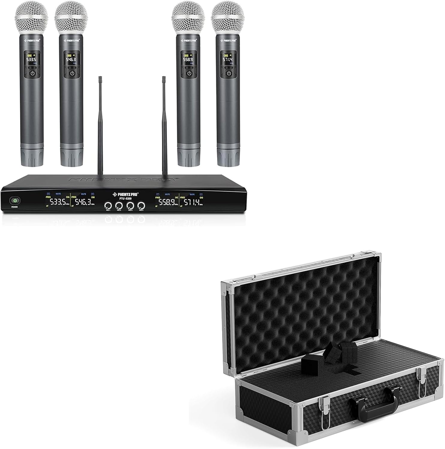 Phenyx Pro Wireless Microphone System PTU-5200-4H Bundle with The Customizable Large Size Carrying Case