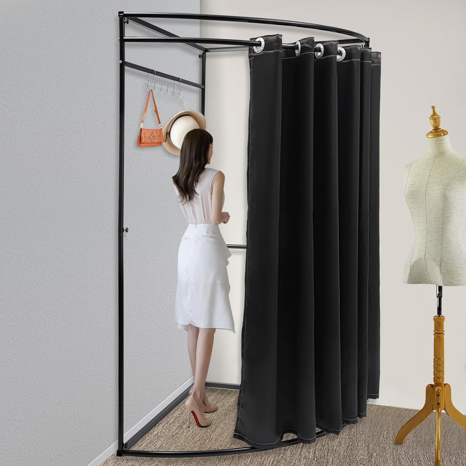 Clothing Store Fitting Room with Shading Curtain, C-Shaped Wall Corner Changing Room for Boutique Mall Office, Portable Temporary Mobile Privacy Protection Dressing Room Divider for Outdoor (Black)