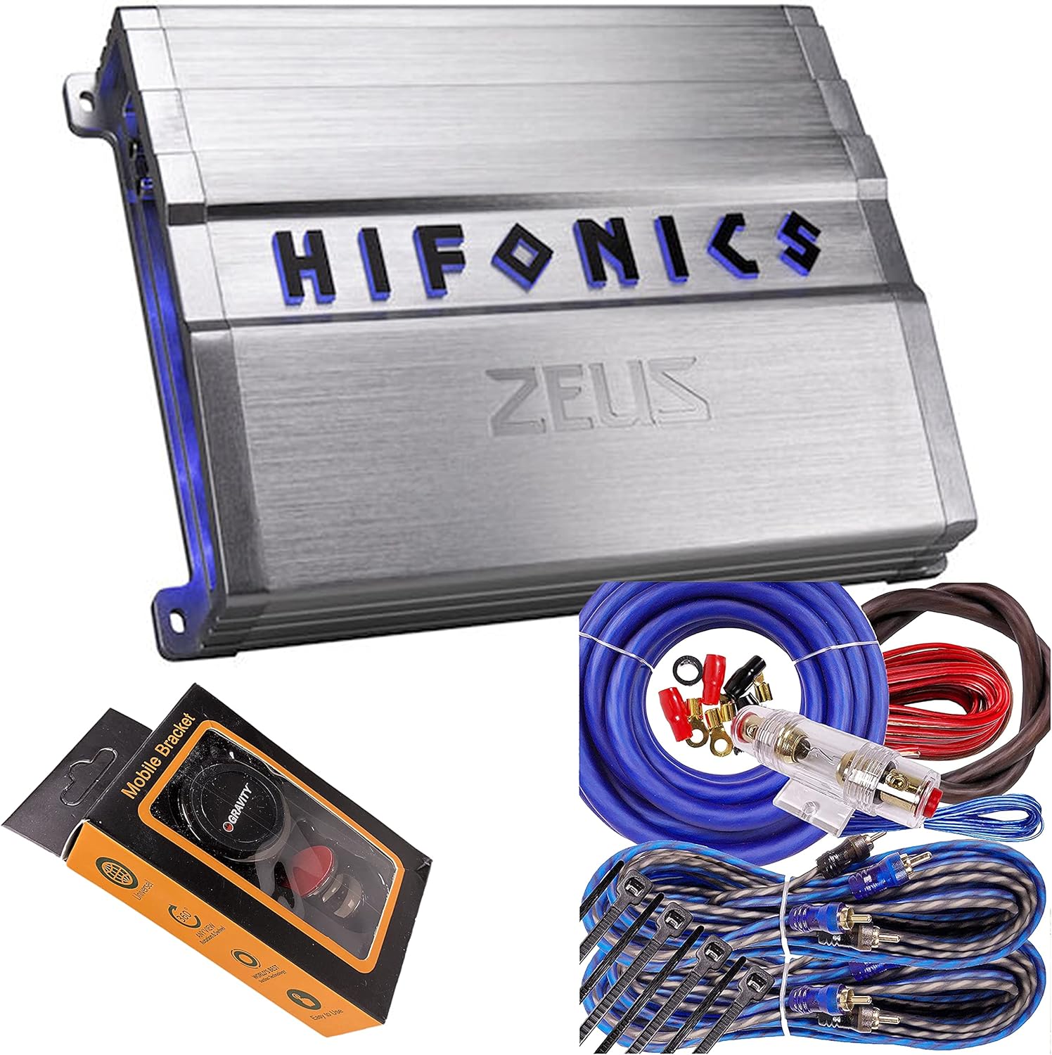 Hifonics ZG-600.4 Zeus Gamma 4 Channel Super A/B Class 600 Watt Car Audio Sound System Subwoofer Speaker Amp Amplifier with Gravity Magnet Phone Holder and 4 Gauge Kit Blue Bundle