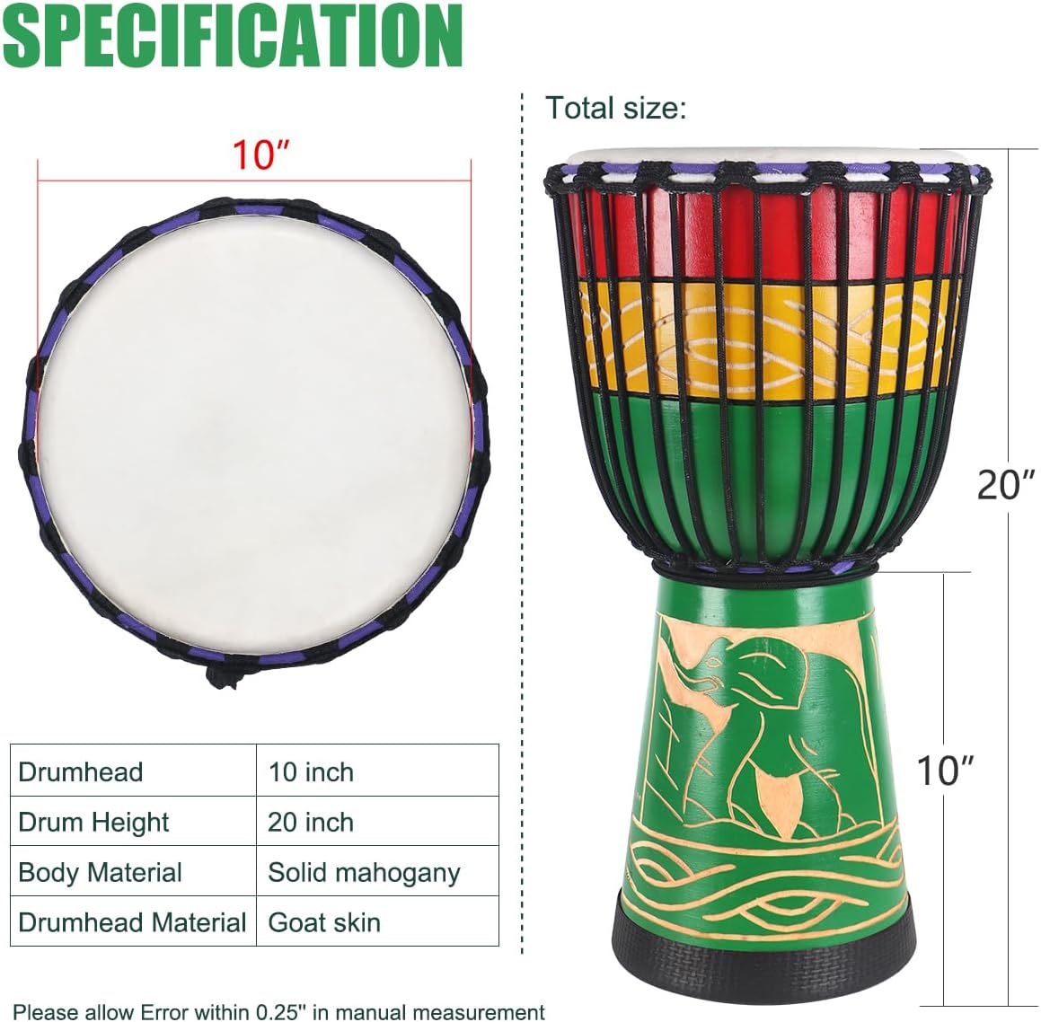 lotmusic African Djembe Drum, Standard 10'' Hand-Carved Mahogany Congo Drums, Professional Bongo Drum With Goatskin Drumhead for Adults