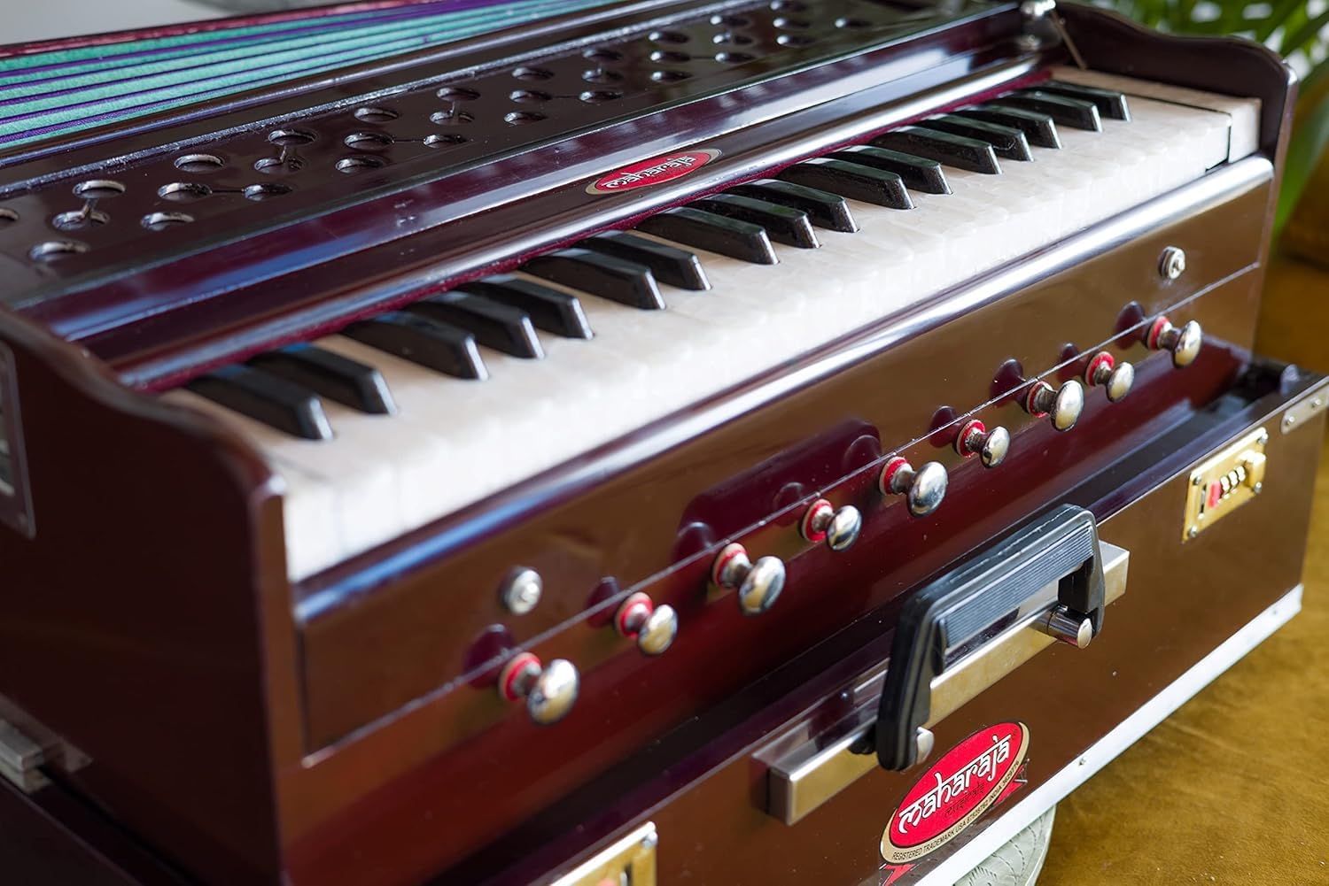 Maharaja Musicals, (Model 2025-26) Folding Harmonium Instrument, In USA, 9 Stops, Rosewood Color, Safri, 3 1/2 Octave, Coupler, Bag, Tuned To A440, Musical Instrument Indian-AHF