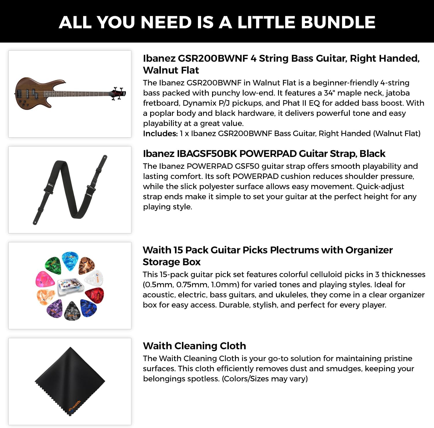 Ibanez GSR200B 4-String Bass Guitar (Walnut Flat) - Right Handed Nyatoh Body Bass with GSF50 Powerpad Strap, 15 Pack Guitar Picks with Storage Box & Microfiber Cleaning Cloth (Bundle Set)