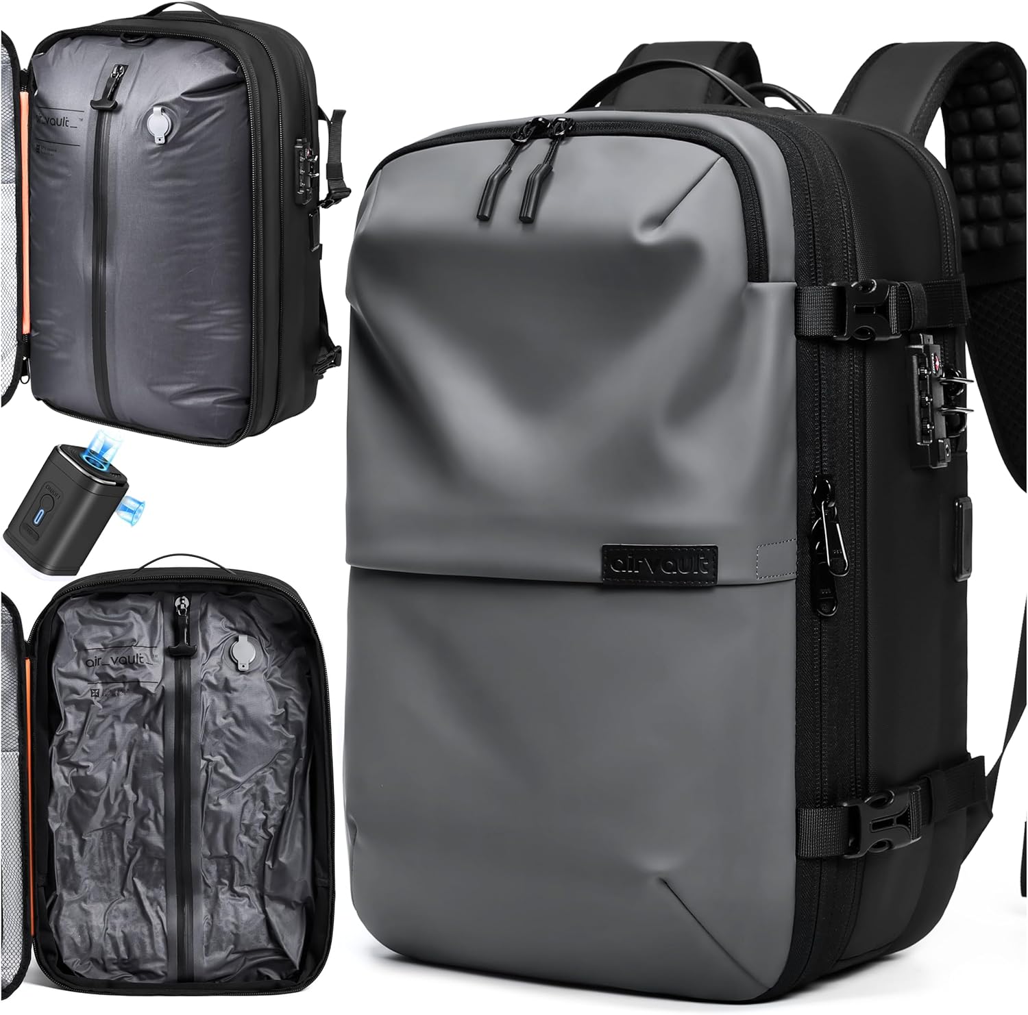 AirVault Vacuum Seal Travel Backpack 60L with Expandable Vortex Air Compression Vacuum System Water Resistant TSA Lock (Vacuum Pump Included, Gray, 60L)