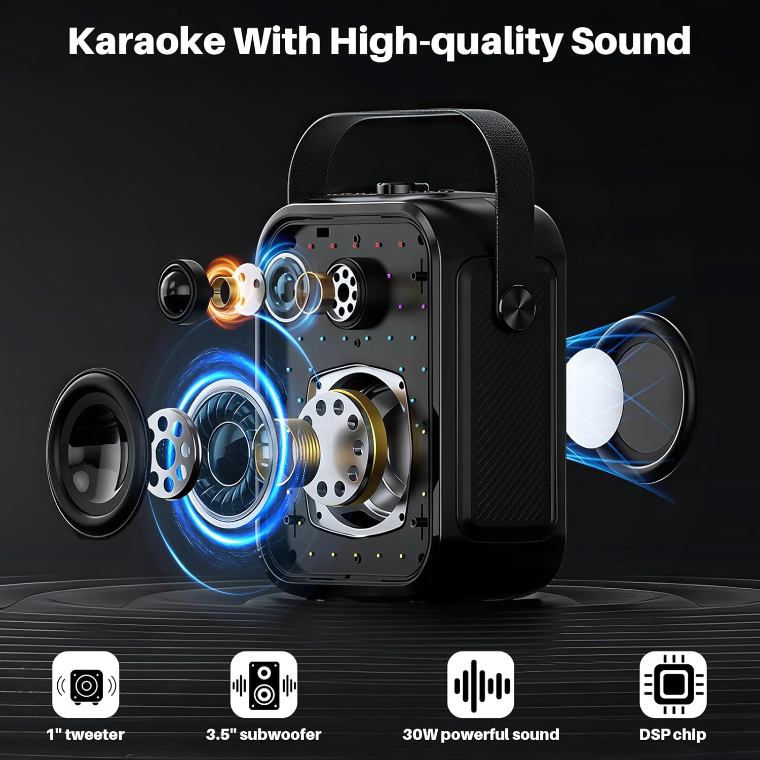 Karaoke Machine, Portable Bluetooth Speaker with 2 Wireless Karaoke Microphones, Karaoke Machine for Adults Kids with Subwoofer, LED Light Support TWS/FM/USB/AUX for Home Party Outdoor