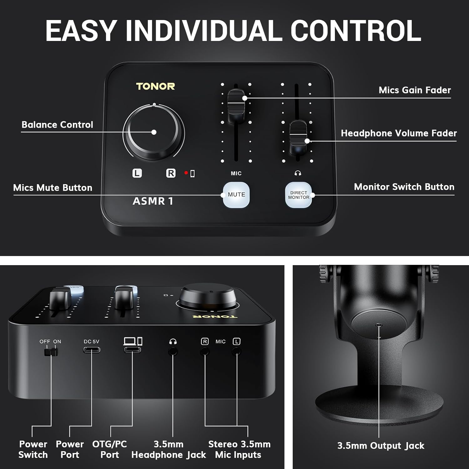 TONOR ASMR Microphone Equipment Bundle with Audio Interface, Immersive 3D Stereo Audio, Dual Condenser Mics with Audio Mixer, Clear Sound, Volume Control, with Furry Windscreens, Set for ASMR, Black