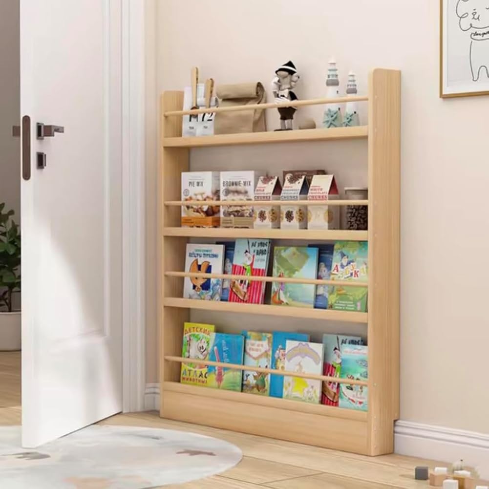 Wooden Wall Mount Bookshelf with Hooks Space Saving nizer for Narrow Spaces 50 * 10 * 119cm