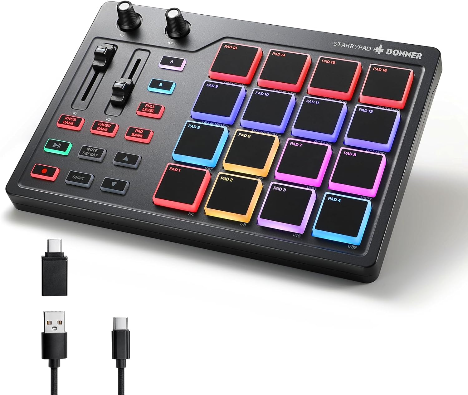 Donner MIDI Pad Beat Maker Machine Professional, Drum Machine with 16 Beat Pads, 2 Assignable Fader & Knobs and Music Production Software, USB MIDI Controller with 40 Courses, STARRYPAD