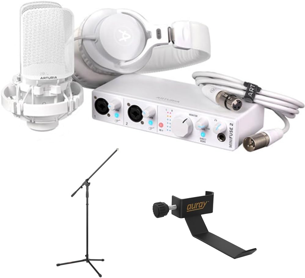 Arturia MiniFuse Recording Pack (White) Bundle with Headphone Holder For Mic Stand and Kellards Microphone Stand