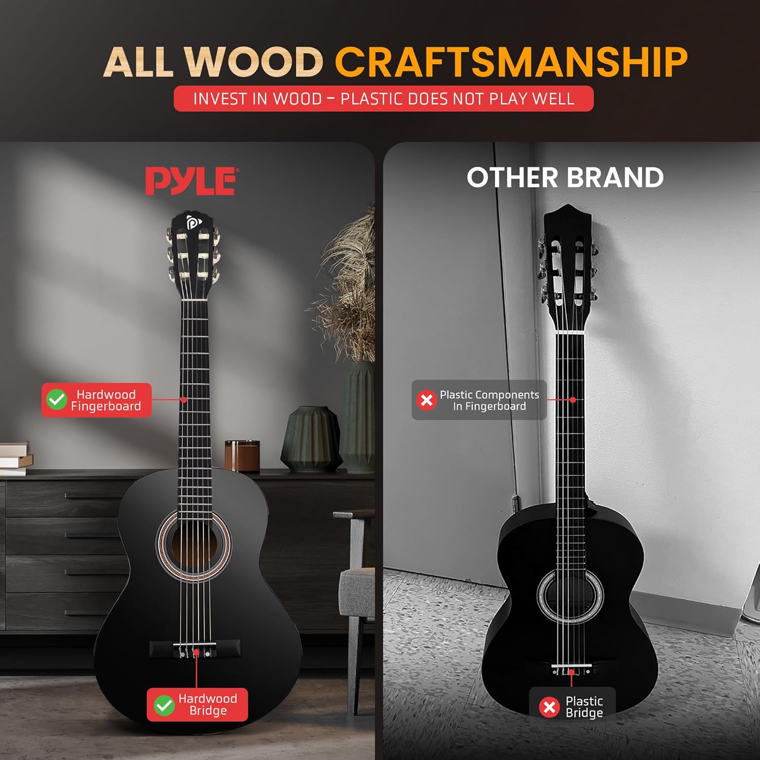 Pyle Beginner Acoustic Guitar Kit, 4/4 Full Size All Wood Build Nylon String Instrument with Capo, Strap, Extra String Set, Gig Bag, Guitars for Beginners Adults Youth, 39