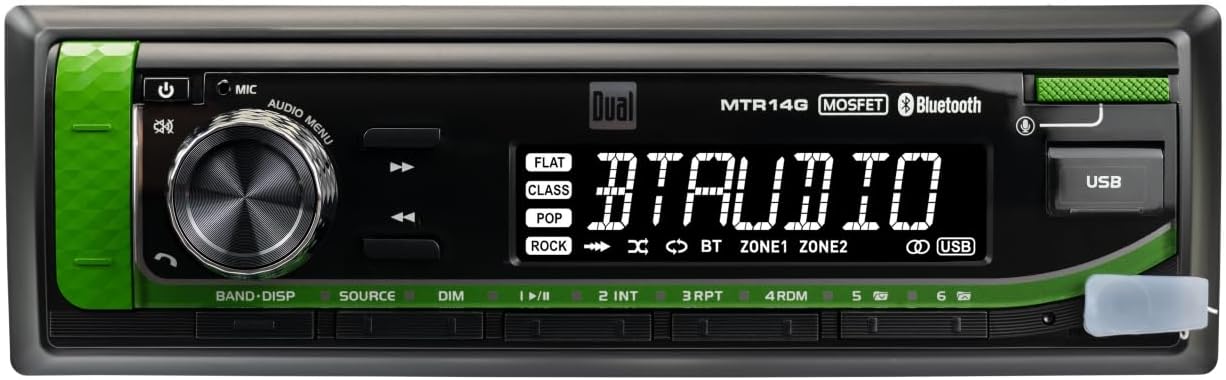 Dual Electronics John Deere Tractor Radio | 7-Character LCD | Weatherproof | Built-in Bluetooth | USB Port | Also Fits McCormick, JCB, + Case IH Tractors | Plug N Play Wiring Harness w/Headphone Jack