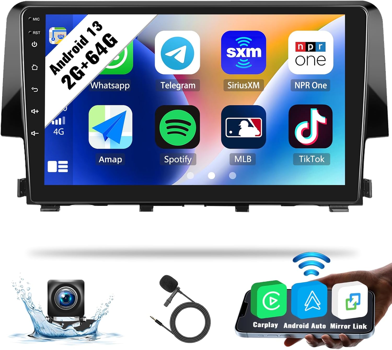 SIXWIN 2G+64G Android Car Stereo for Honda Civic 2016-2020 with Canbus and Harness Wireless CarPlay Android Auto Mirror Link 9 Inch Touchscreen Bluetooth GPS Navigation WiFi FM Backup Camera MIC