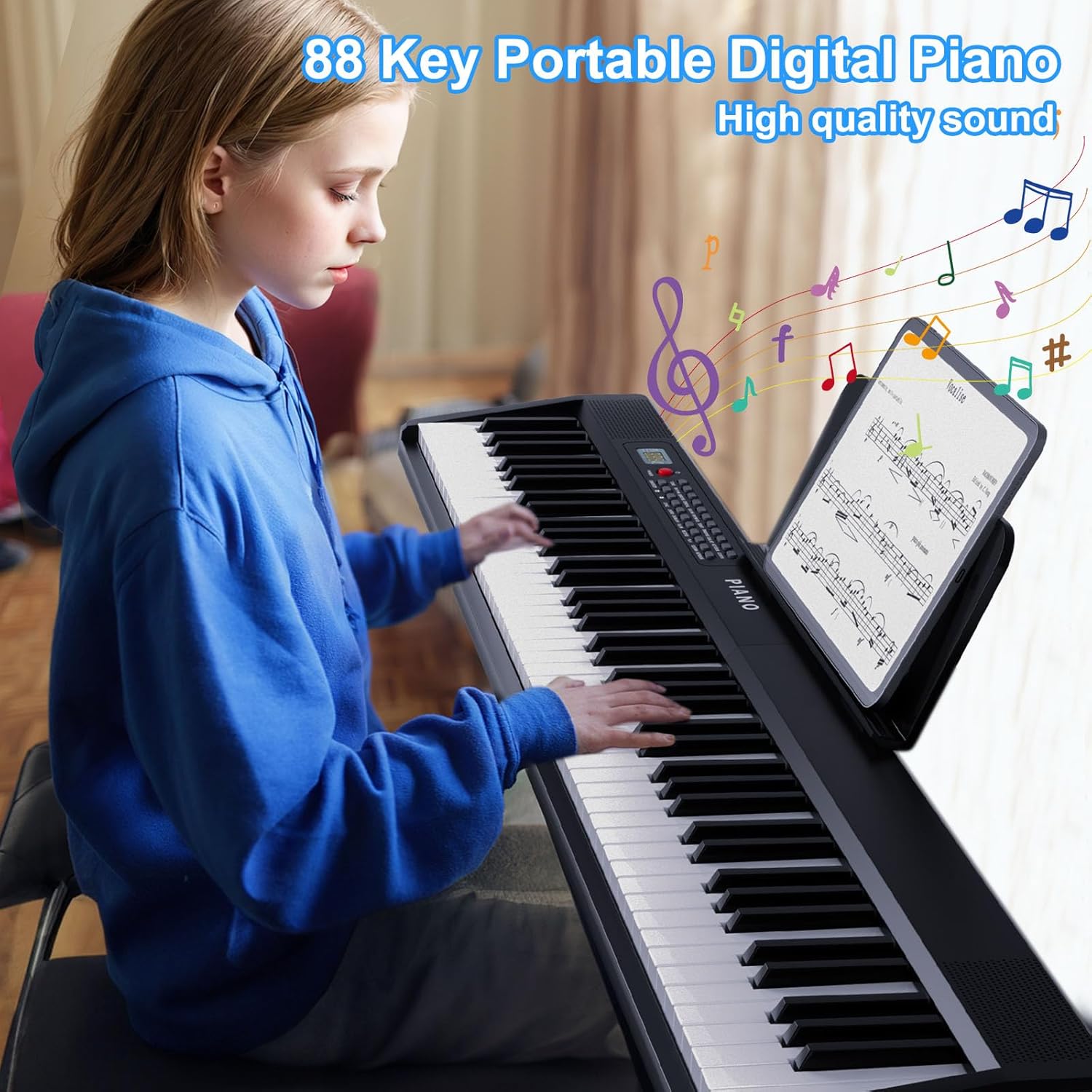 Electronic Piano keyboard,Foldable Full Size 88 Key Digital Pianos with Power Adapter,Pedal,Sheet Music Stand,Sticker,Bag,for Beginners,Black