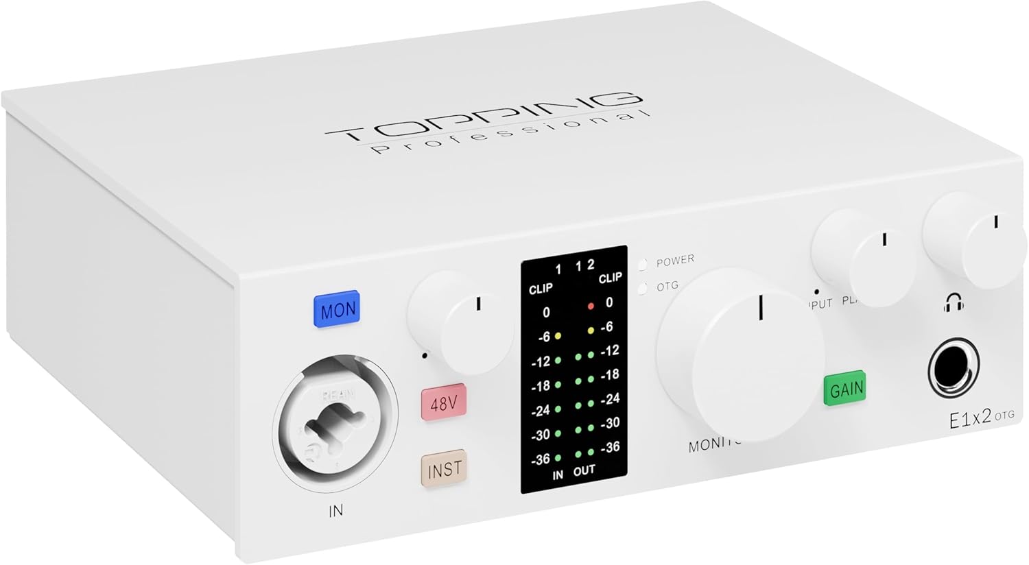 TOPPING E1X2 OTG USB Audio Interface | XLR Mic Preamp, 48V Phantom Power, 24bit/192kHz, 8 DAW/6 Loopback Channels, PC & Mobile Recording, Dual Livestream, Zero-Latency Mixer, High-Res Playback(White)