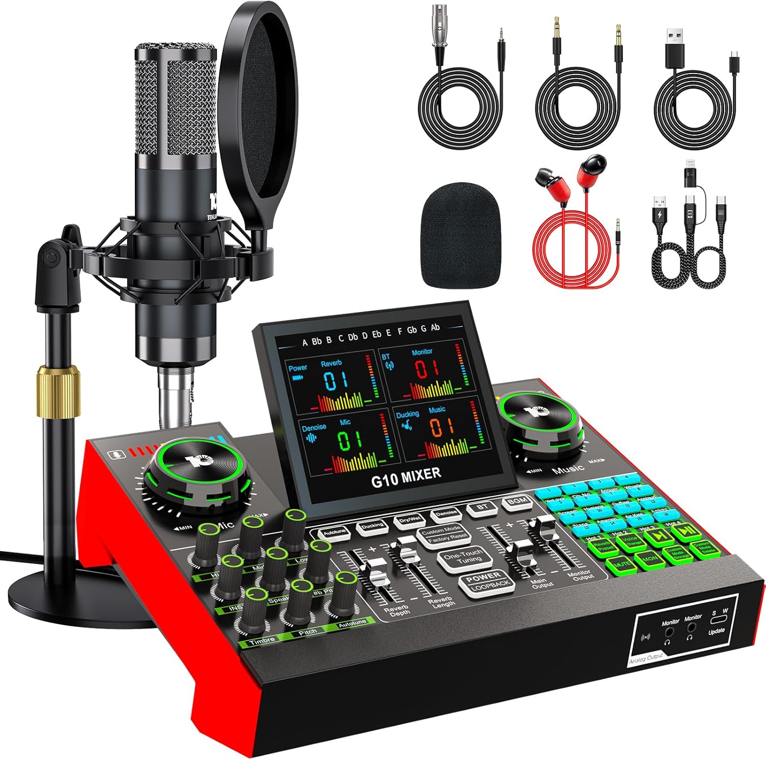 Podcast Microphone Bundle with Live Sound Board Audio Mixer, Podcast Equipment Bundle with 3.5mm Condenser Microphone(P15) for Pc/Phone Live Streaming Singing Gaming, Voice Changer, Denoise