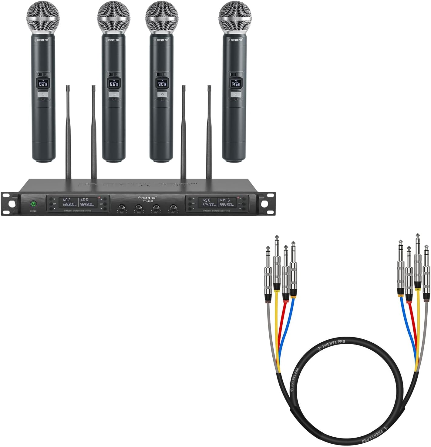 Phenyx Pro Wireless Microphone System PTU-7000-4H Bundle with 4-Channel TRS Snake Cable PCBL-QR4IN1-3