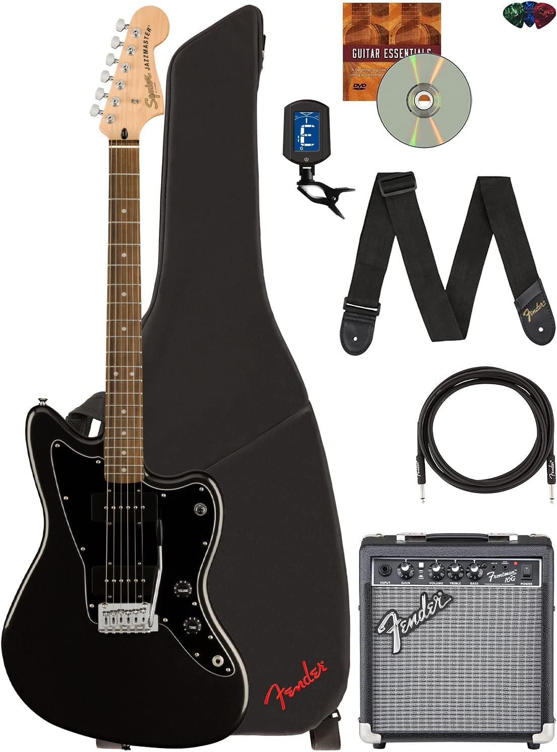 Fender Squier Affinity Jazzmaster - Metallic Black Bundle with Frontman 10G Amplifier, Instrument Cable, Gig Bag, Tuner, Strap, Picks, and Austin Bazaar Instructional DVD