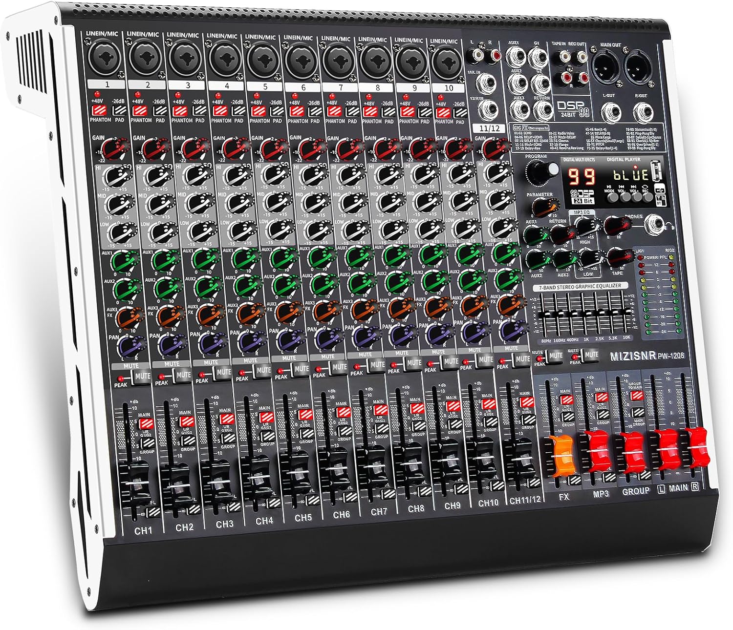 12 Channel Audio Mixer Professional Sound Mixing Board with 99 DSP Effects, 7-band EQ Digital DJ Mixer Console w/USB Bluetooth MP3 for Recording, Independent 48V Power & Mute Button