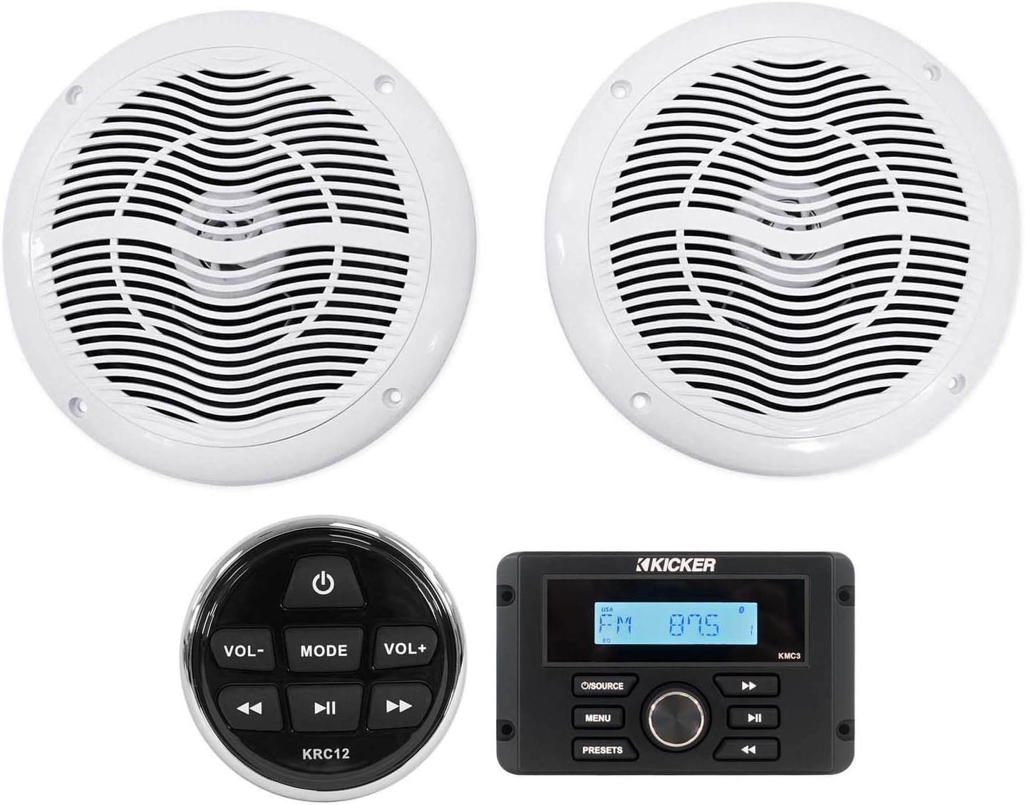 Kicker KMC3 Marine Digital Media Gauge Receiver w/Bluetooth/USB for Boat/ATV/UTV Bundle with Kicker KRC12 Remote Control for Marine Receiver and Pair Rockville RMC65W Marine Boat Speakers
