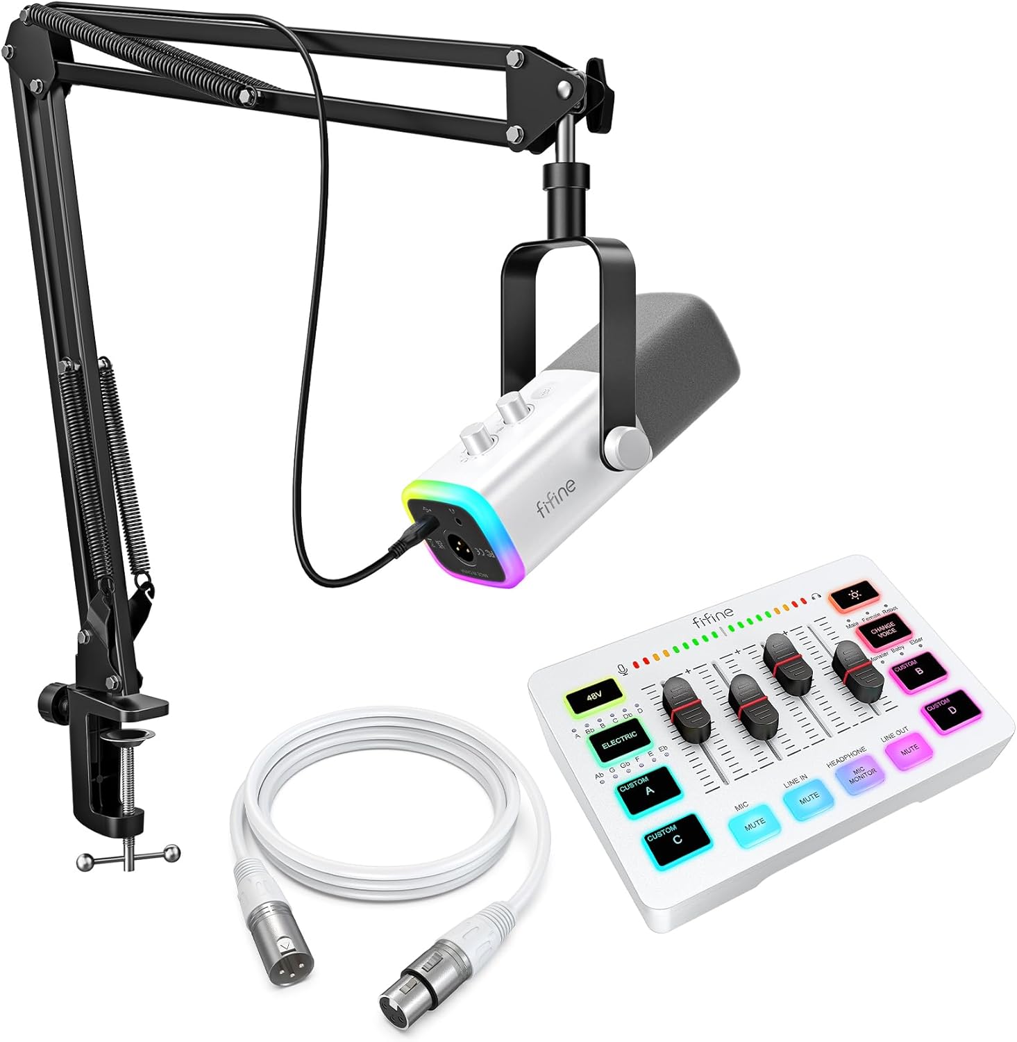 FIFINE Audio Gaming Bundle,Dynamic RGB Mic Set with Adjustable Boom Arm, Audio Mixer with 48V Phantom Power & 10ft Balanced XLR Cable for Gaming, Podcasts & Vocal Recording-AM8TW+SC3W+L9W