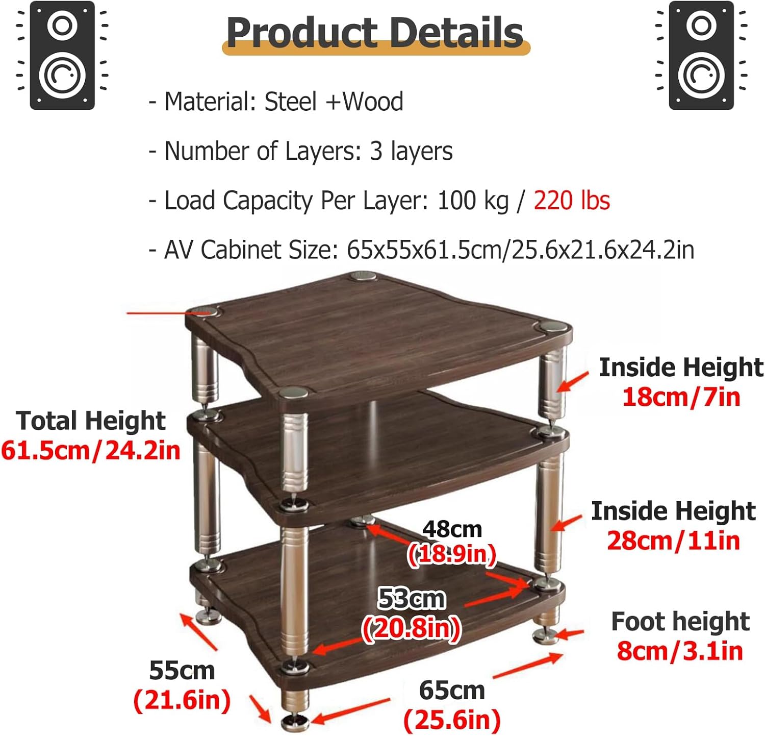 3-Tier Petite Entertainment Center Stand - Corner TV Center Stereo Components Storage Cabinet - HiFi Racks and Stands Audio Rack for Living, Gaming, Recording R（A-3-65x55x61.5cm）