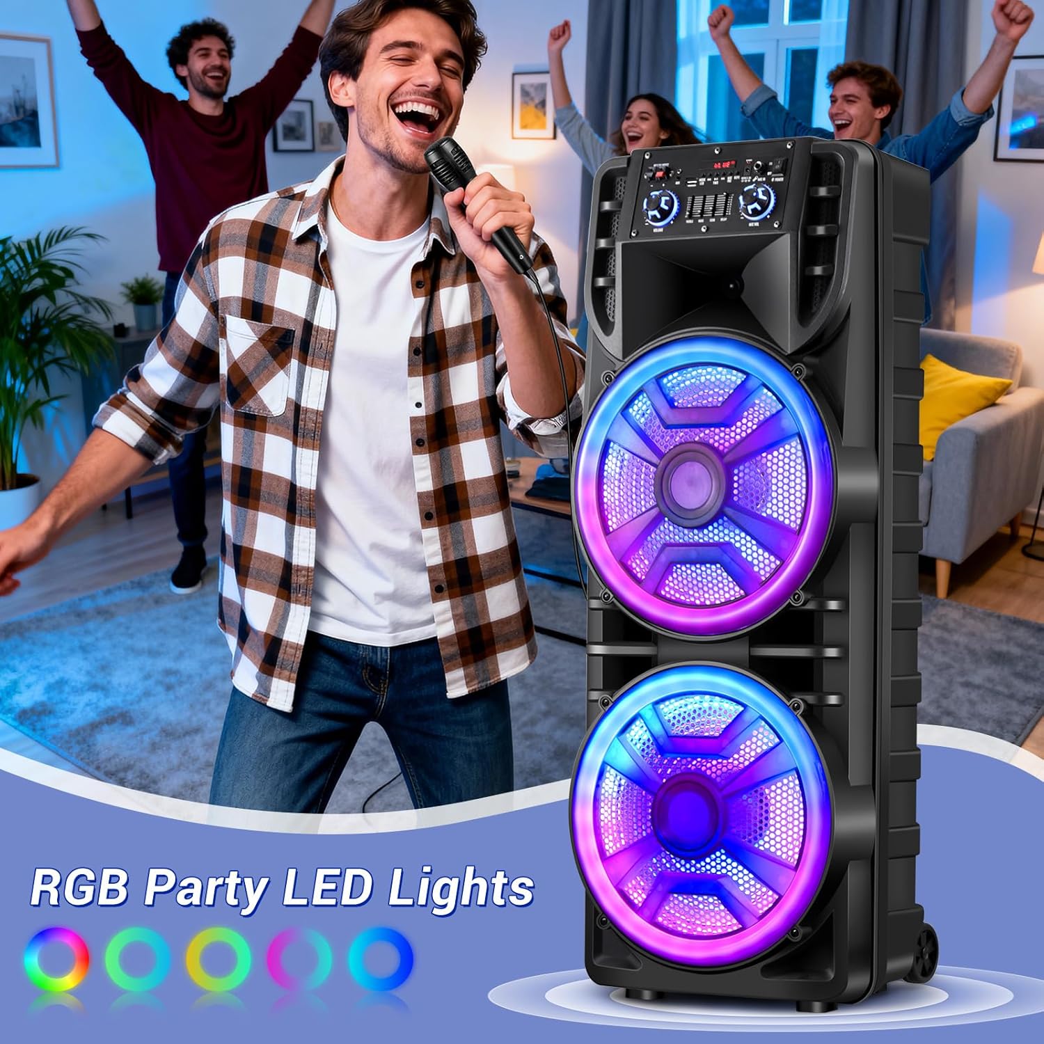 Dual 12’’ Wireless Party Bluetooth Speaker with Microphone, Remote, Portable PA Speaker System, RGB LED Party Lights, Karaoke Machine with Treble & Bass, FM/AUX/USB/TF/TWS/Echo