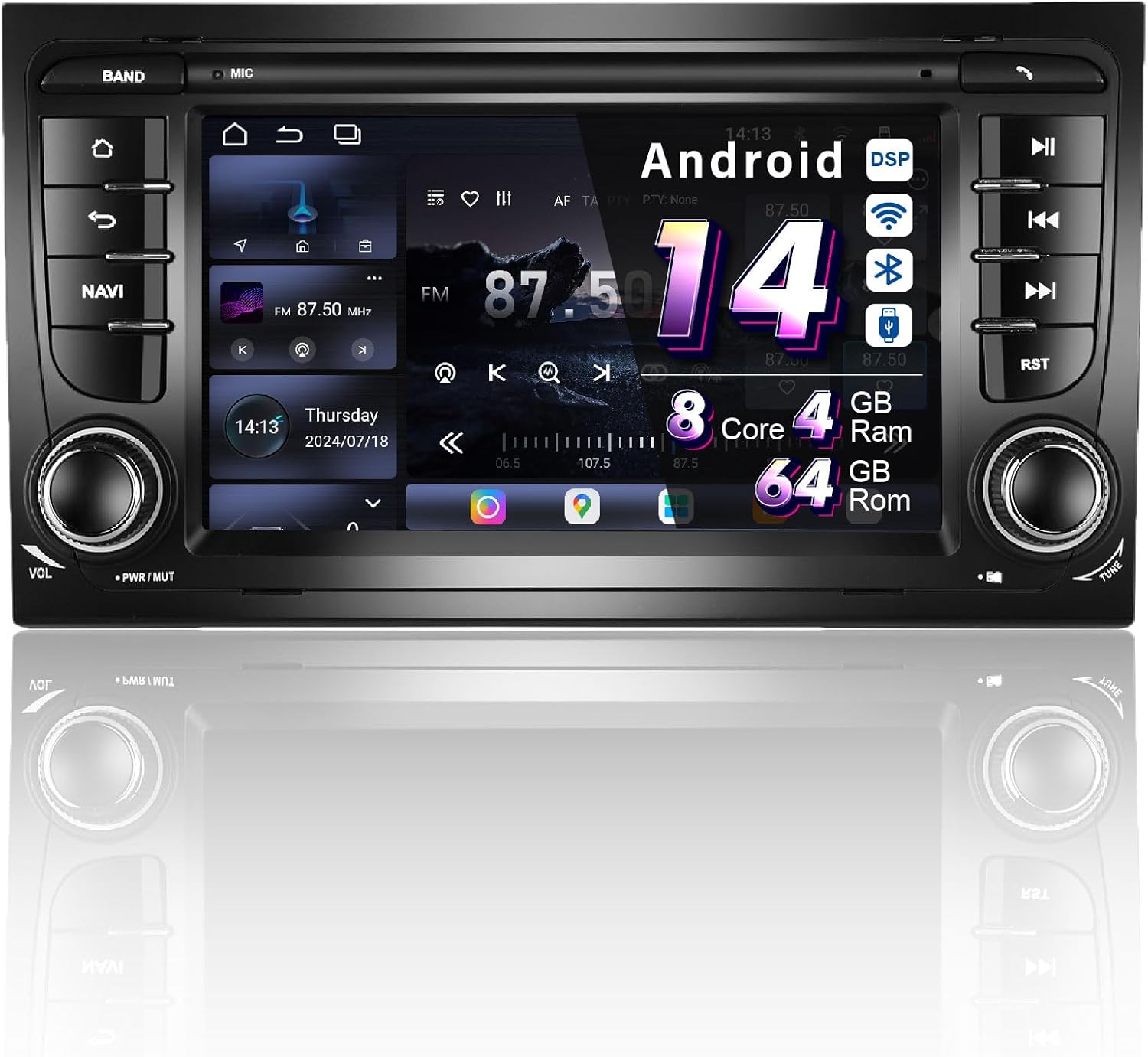AMASE AUDIO Android 14 Car Stereo for Audi A4 S4 RS4, Octa cores (4+64), Wireless Carplay Android Auto, DSP+, 7