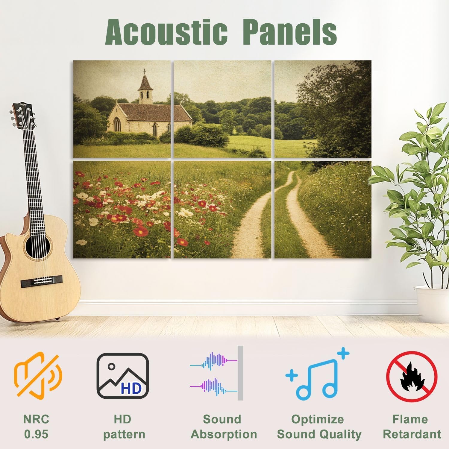 6 Pack Art Acoustic Panels Sound Absorbing Rustic Fall Flower Vintage Decor Landscape Nature Country Wildflower Decorative Soundproof Wall Panels Self Adhesive for Recording Studios Office 72