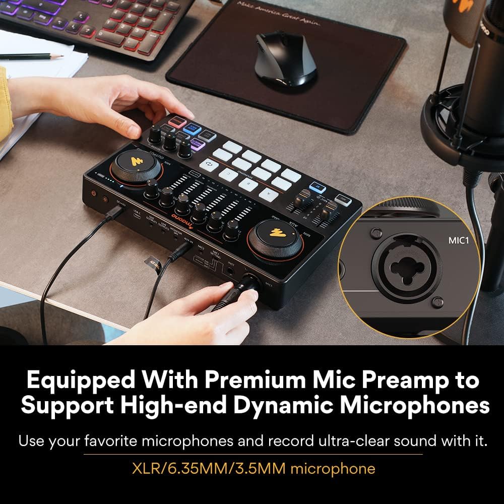 Audio Interface with Studio Headphone-Podcast Equipment-MAONO-MaonoCaster-All in One - with premium mic preamp for Podcast Recording, Streaming, Youtube, PC, Smartphone