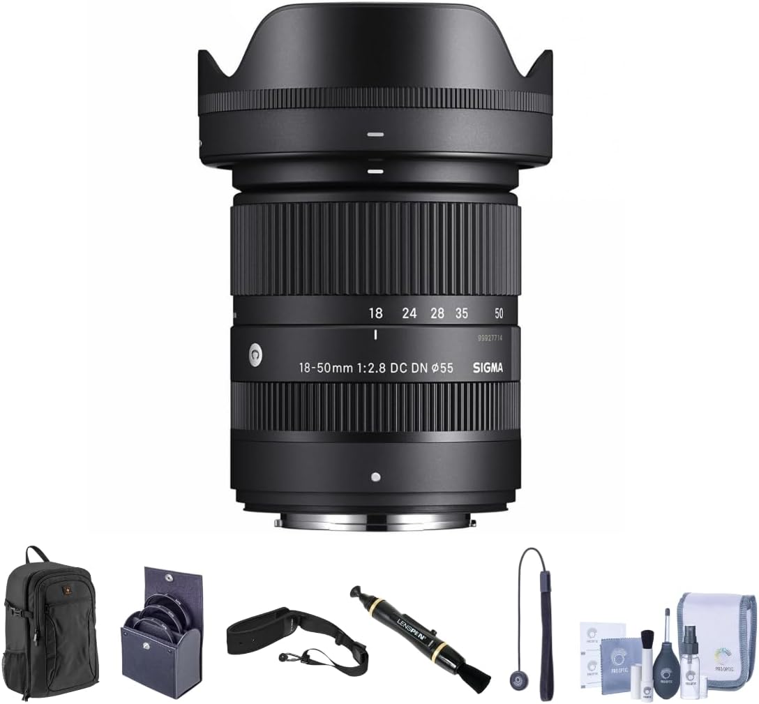 Sigma 18-50mm f/2.8 DC DN Contemporary Lens for Fujifilm X, Bundle with Backpack, Camera Strap, 55mm Filter Kit, Lens Cleaner, Cleaning Kit, Lens Cap Tether