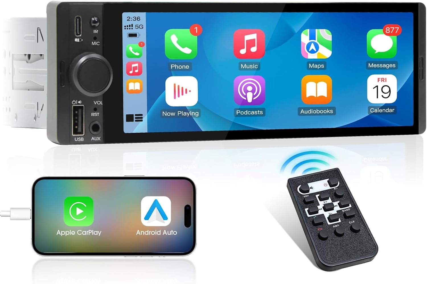 Single Din CarPlay Stereo Receiver: 6.5 Inch Android Auto Touchscreen - Bluetooth MirrorLink IPS Display AM FM Radio Type-C Charge USB AUX-in HD Backup Camera Input Audio Output