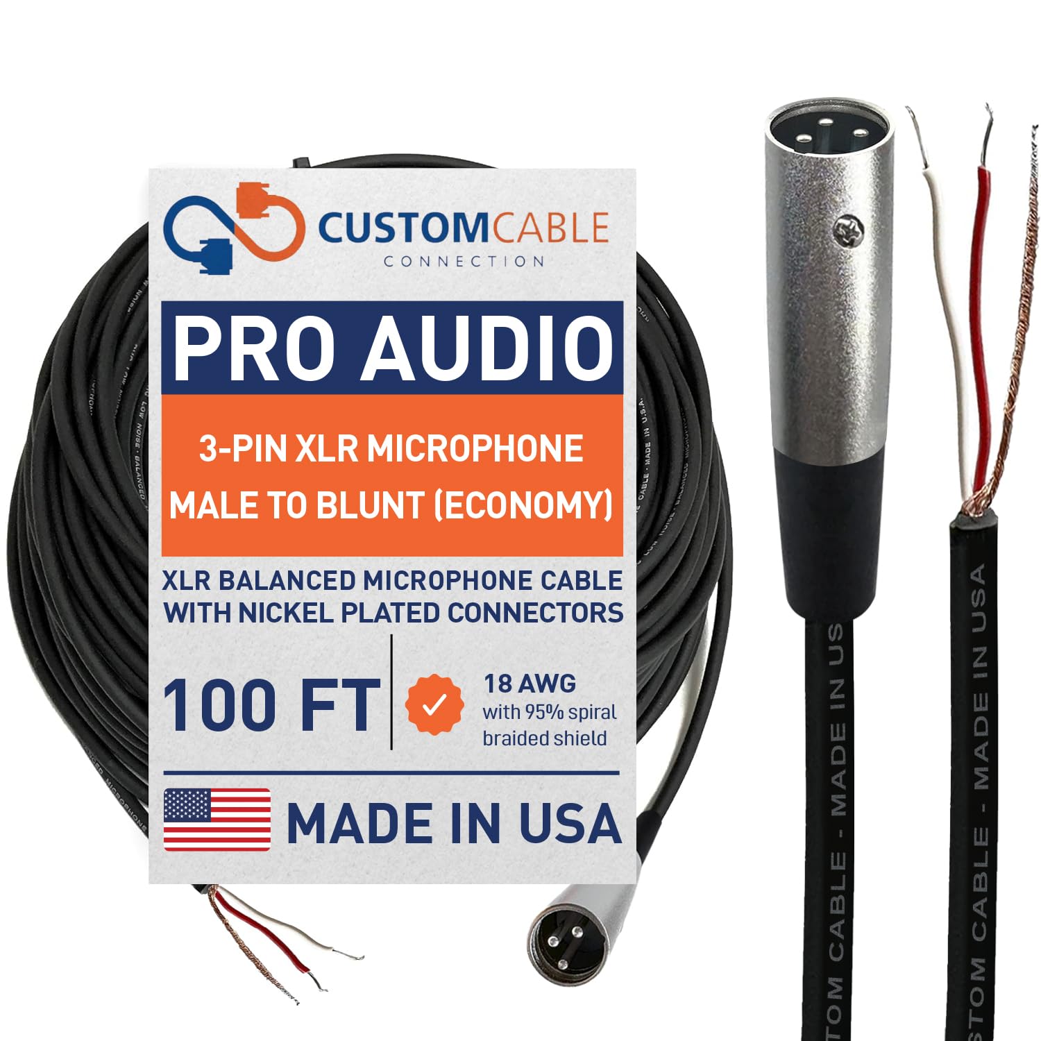 Custom Cable Connection 100 Foot Pro-Audio XLR Balanced Microphone Male to Blunt - 24 AWG Economy Shielded Install Cable