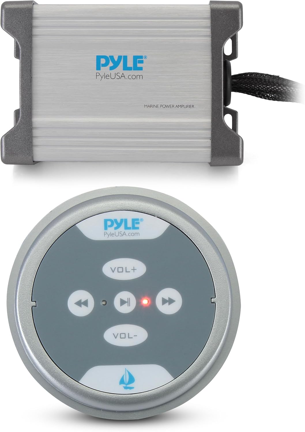 Pyle 600W Marine Grade Bluetooth Amplifier – 2-Ch Waterproof Audio Amp with AUX/RCA/MP3 Inputs, Rugged Construction, Volume Control, Flush Mount Controller for Boat & Mobile Sound Systems