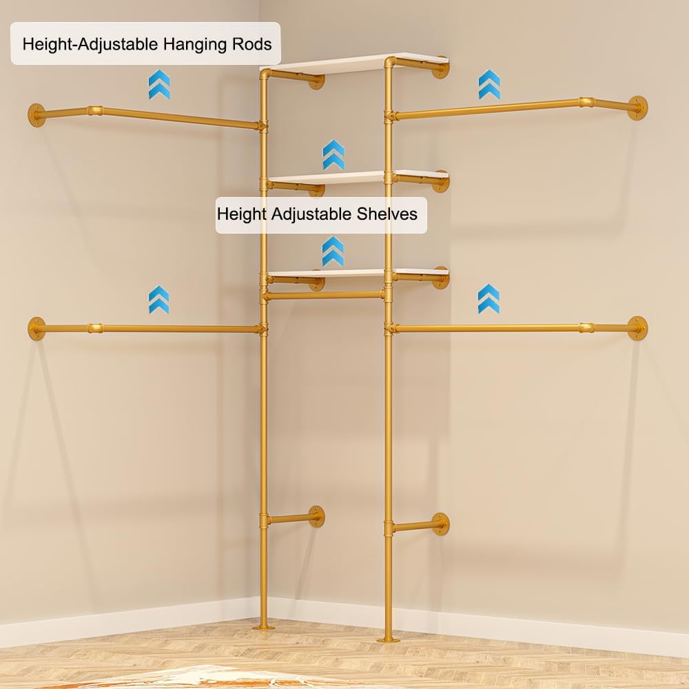 Heavy Duty Gold Pipe Clothing Rack - Wall Mounted Industrial Clothes Rack, DIY Corner Closet System with Shelves, Adjustable Walk-in Closet Organizer (GOLD, 94.5