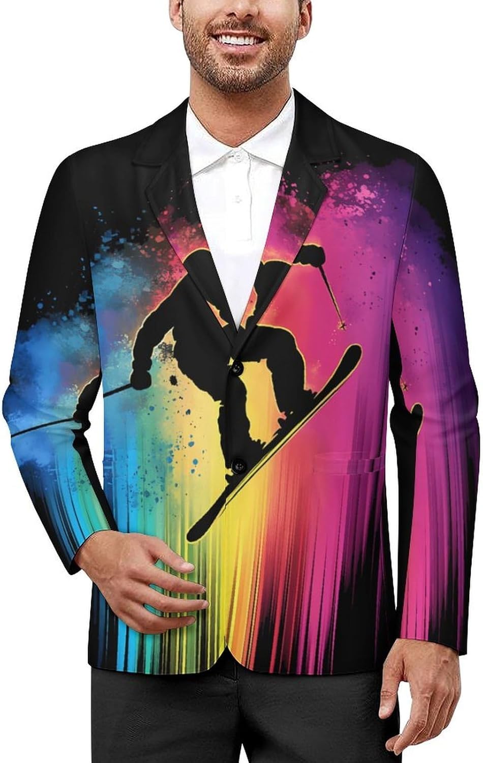 Rainbow Ski Racing Skier Classic Suits Blazer for Men Business Tuxedo Jacket Sport Coat Two Buttons
