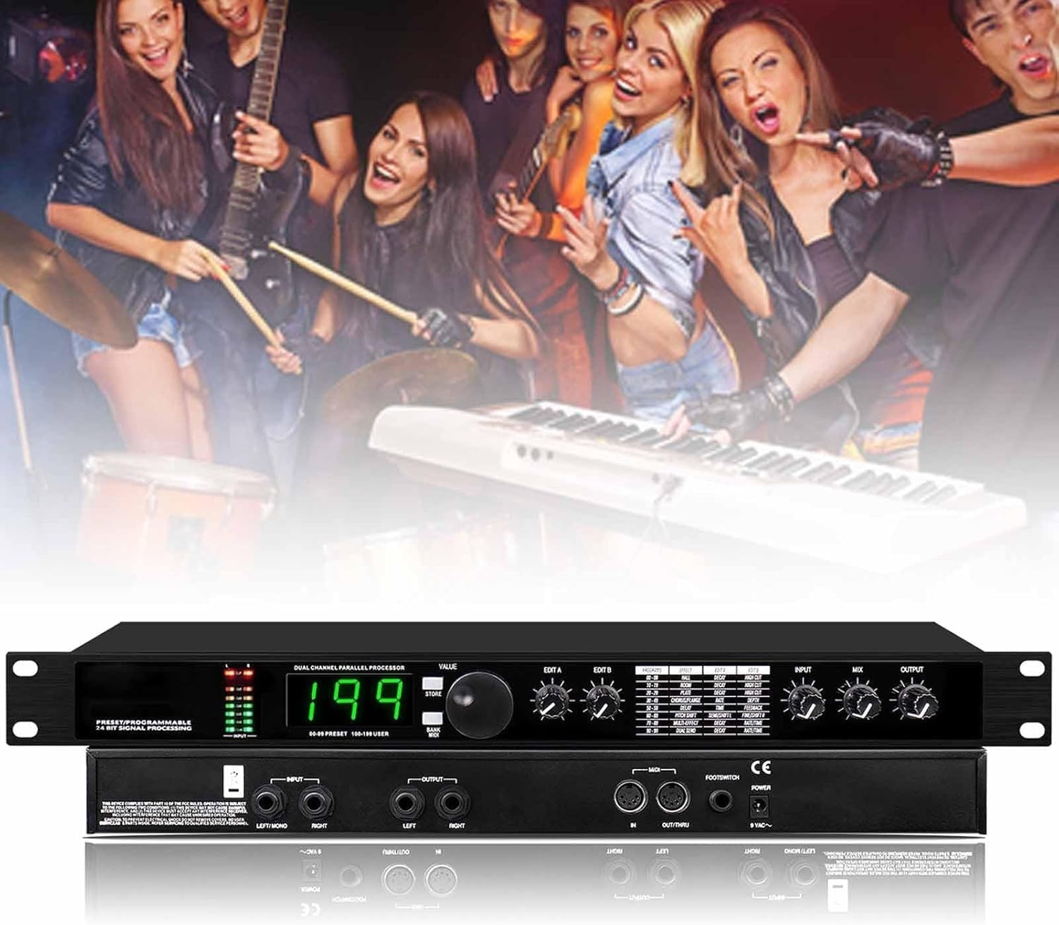 Digital Reverb Multi Effect DSP Processor, Professional Audio Processor Equalizer, Preset/Programmable 24 Bit Signal Processing, 99 Preset Programs, for Studio, Stage Performance.