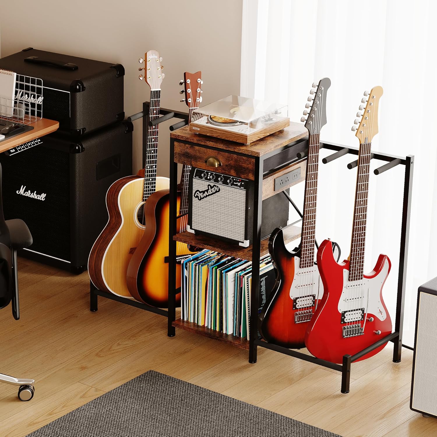 Homeiju 6-Guitar Floor Stand with Charging Station & 3-Tier Storage, Guitar Rack with Amp Stand & Cloth Drawer, Rubber Protected Guitar Holder for Studio/Home , Heavy Duty Metal Frame​