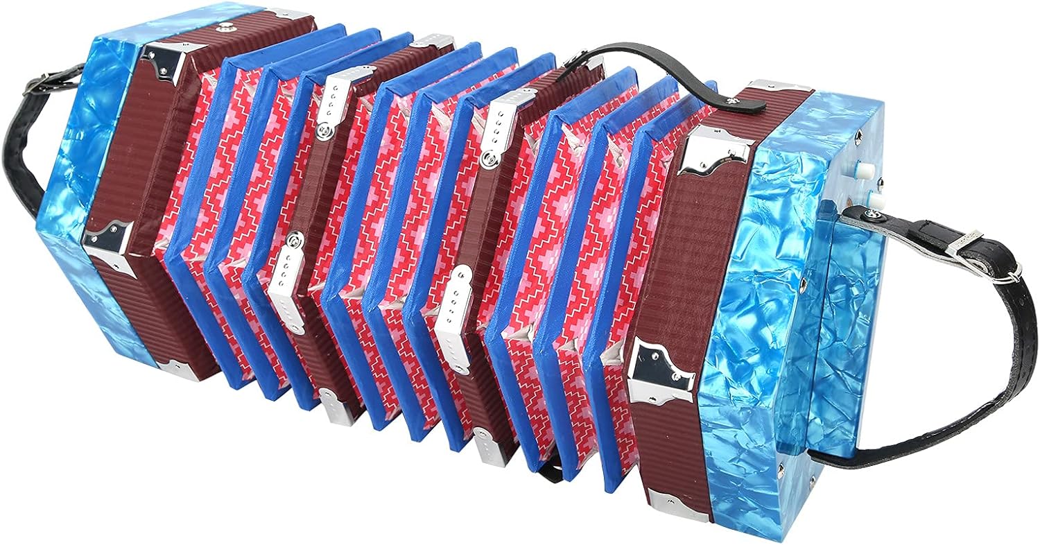 Concertina Accordion Portable, Solid Wood and Leather, 18x17x17cm, 3 Colors - Adjustable Strap, Lightweight with Carry Bag, Ideal for Beginners and Adults (Sky Blue)