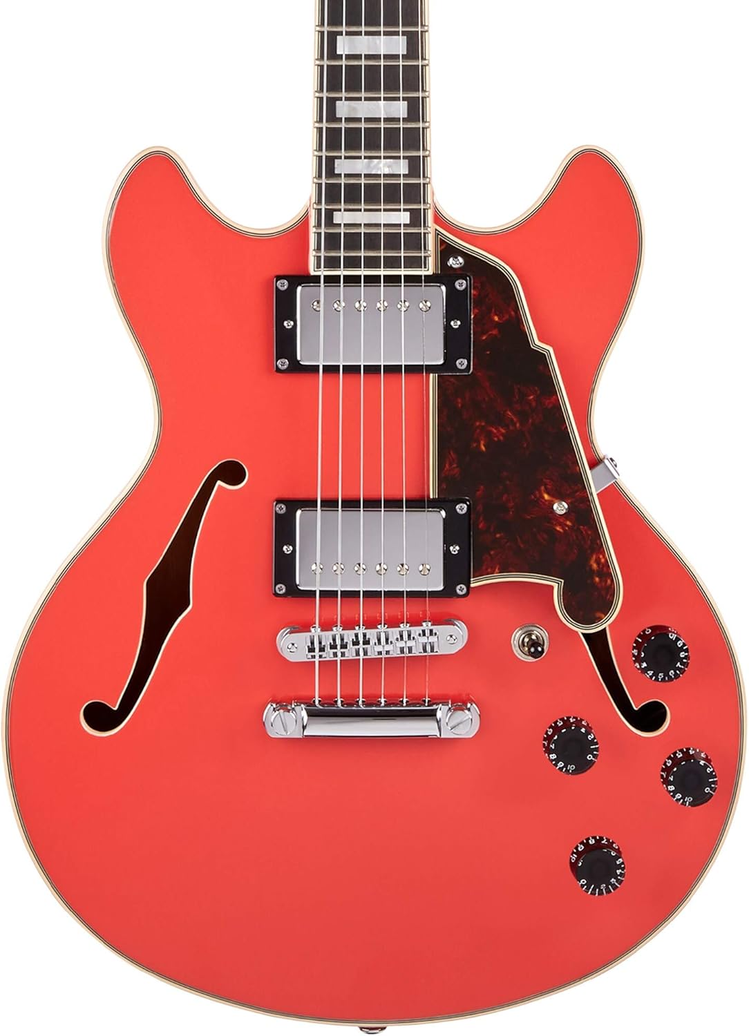 D'Angelico 6 String Semi-Hollow-Body Electric Guitar, Right, Fiesta Red (DAPMINIDCFRCSCB)
