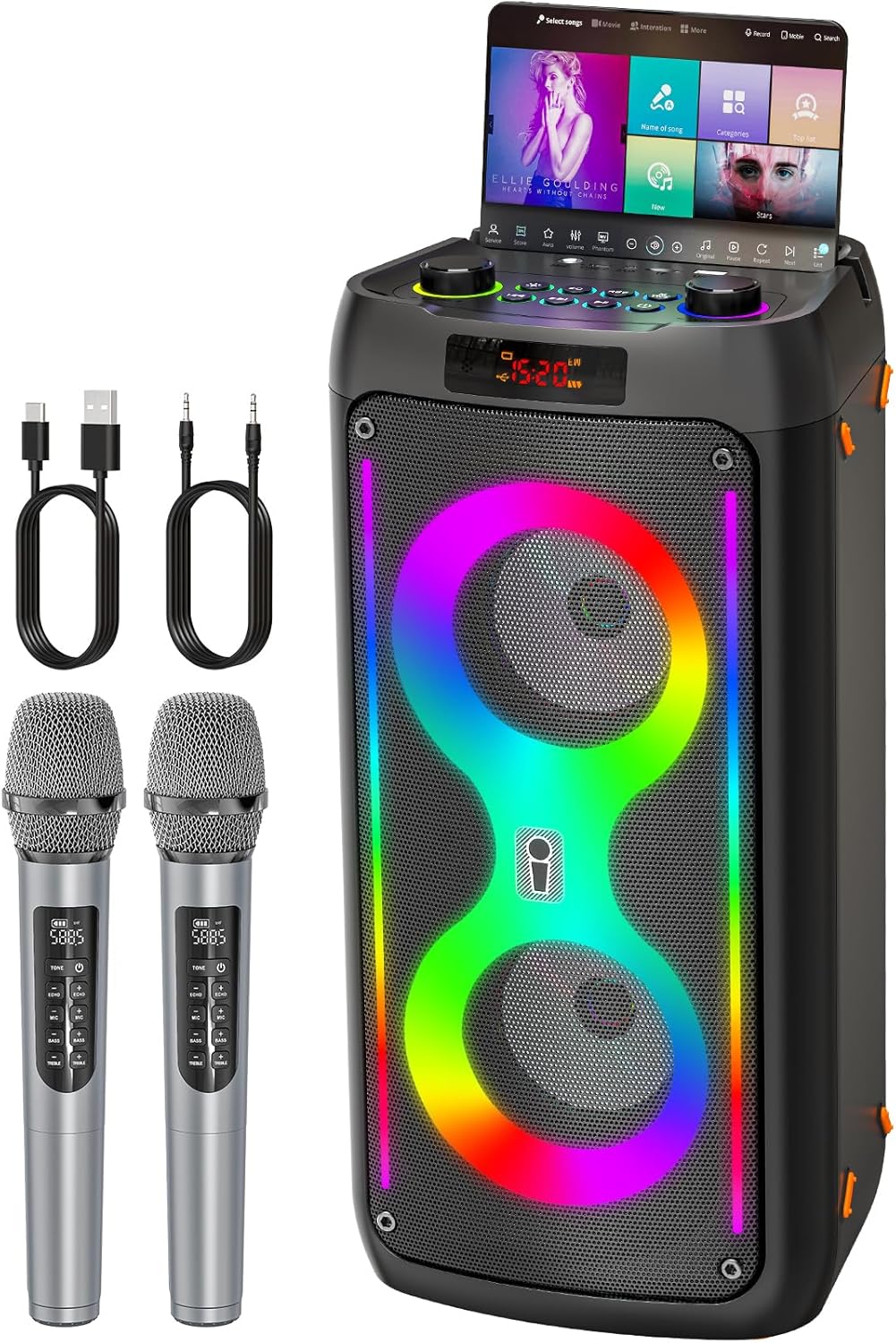 Karaoke Machine, Portable Bluetooth Speaker with 2 Wireless Microphones, PA System with Disco Lights for Big Party, Outdoor, Supports USB/TF/REC/AUX, Ideal Gifts for Family, Music Lover